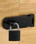 Rock Solid Five Inch Black Stainless Steel Padlock Hasp Door Latch Lock Built Different With Sleek Polish for secure shed closure.