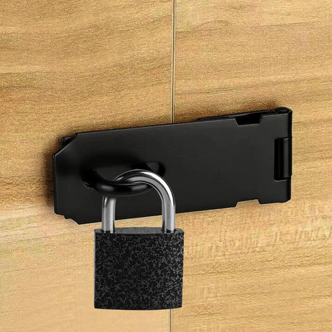 Rock Solid Five Inch Black Stainless Steel Padlock Hasp Door Latch Lock Built Different With Sleek Polish for secure shed closure.