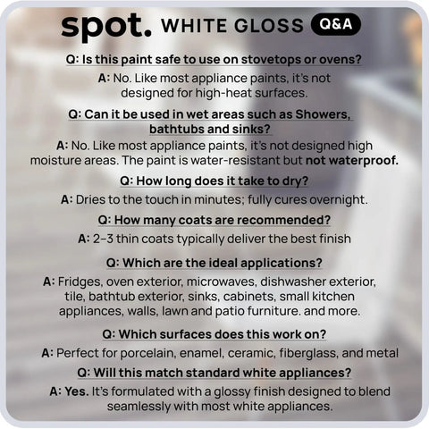 Product information and FAQs for High Gloss White Touch Up Paint For Porcelain And Appliances, covers chips, scratches, stains, and cracks.