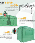 8x6 Portable Walk In Greenhouse Pop Up Indoor Outdoor Garden Shelter Kit With Zippered Doors And Windows PE Cover Clear Green No Tools Needed Center Lock Quick Setup instructions with frame and setup steps shown.