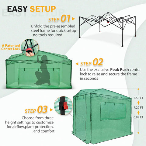 8x6 Portable Walk In Greenhouse Pop Up Indoor Outdoor Garden Shelter Kit With Zippered Doors And Windows PE Cover Clear Green No Tools Needed Center Lock Quick Setup instructions with frame and setup steps shown.