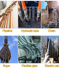 Collage of metal pipeline, hydraulic tubes, chains, and cables with labels showing different industrial components.