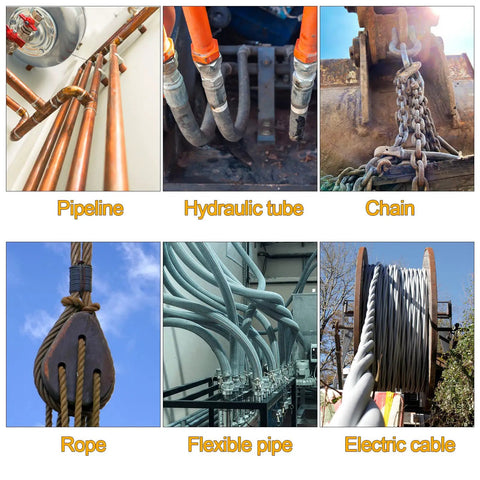 Collage of metal pipeline, hydraulic tubes, chains, and cables with labels showing different industrial components.