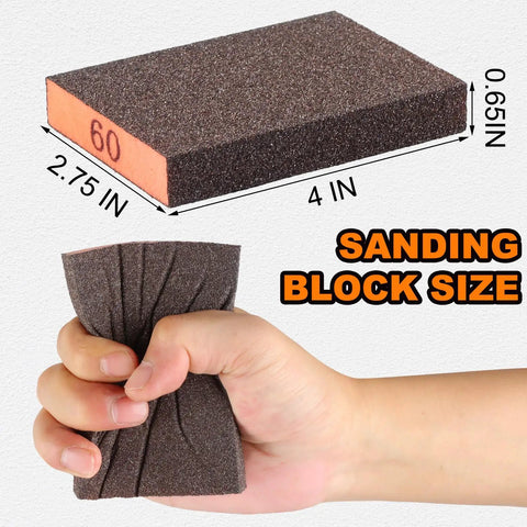 A hand squeezing a 60 grit sanding sponge block from the 8 Pack Sanding Sponges Set With 60 80 120 220 Grit For Drywall Wood Metal And Furniture Washable Reusable Sandpaper Blocks For Pro Level Finishing And Smooth Surfaces, with dimensions labeled.