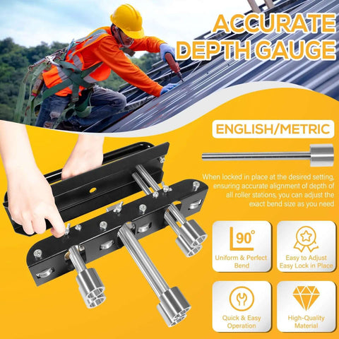 Three Station Edge Roller Bead Bender for Sheet Metal 0 to 90 Degree Bends with accurate depth gauge, pro-grade tool in use