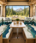 Six Pack RV Dinette Cushion Covers Set Mountain Theme Stretchy Washable Camper Slipcovers in RV dining area