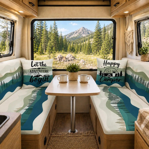 Six Pack RV Dinette Cushion Covers Set Mountain Theme Stretchy Washable Camper Slipcovers in RV dining area