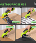 Built Different Cordless Electric Scissors With Brushless Motor And Fast Type C Charging For Heavy Duty Cardboard Box Cutting And Smooth Fabric Trimming Featuring Rock Solid Sk5 Blades, cutting through fabric and cardboard.