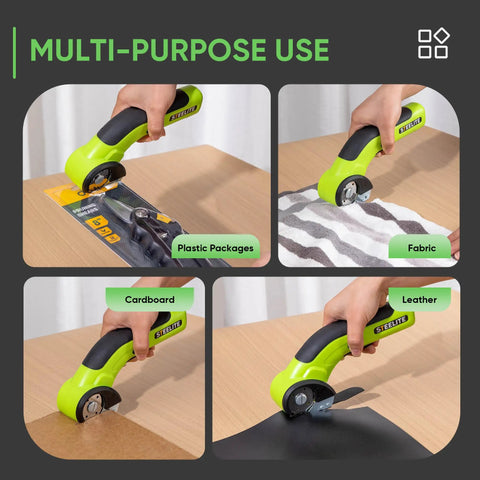 Built Different Cordless Electric Scissors With Brushless Motor And Fast Type C Charging For Heavy Duty Cardboard Box Cutting And Smooth Fabric Trimming Featuring Rock Solid Sk5 Blades, cutting through fabric and cardboard.