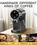 No Fuss Twenty Bar Semi Automatic Espresso Machine With Slick Touch Panel Controls brewing espresso and coffee drinks on a countertop.