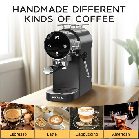 No Fuss Twenty Bar Semi Automatic Espresso Machine With Slick Touch Panel Controls brewing espresso and coffee drinks on a countertop.