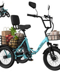 Fat Tire Electric Trike For Adults With Basket Foldable 1000W Peak Motor 3 Wheel Ebike With 18x3 Fat Tires 48V 648Wh Removable Battery Step Through Design Pedal Assist Up To 55 Miles, side view with front and rear baskets