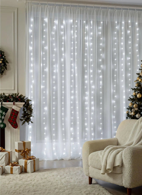 Curtain Fairy Lights With Remote, 300LEDs white waterproof string lights for bedroom backdrop and party decor during Christmas setup