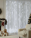 Living room with 600 LED 20 Foot Dimmable Curtain String Lights With Remote 8 Modes And Timer Fairy White Glow For Bedroom Decor