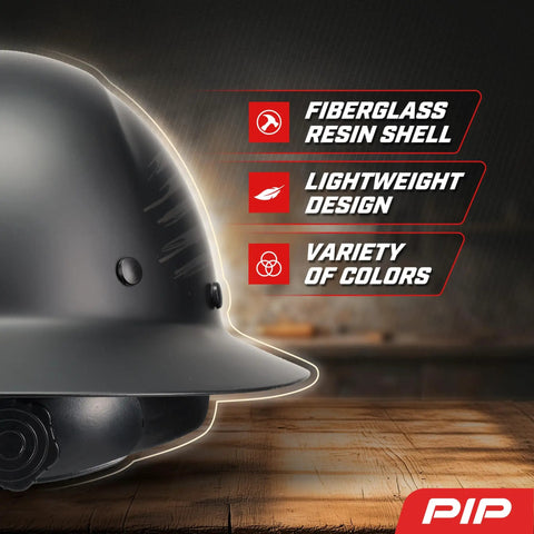 Fiberglass Full Brim Hard Hat With Wheel Ratchet Suspension And Eight Point Suspension ANSI Z89 Type 1 Certified Class G Electrical Rating Black Built For Tough Construction And Industrial Jobs shown with features.