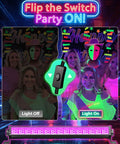Before and after effect of Ultra Bright 42W LED Black Light Bar With Plug In Switch at a glow party, illuminating faces and masks.