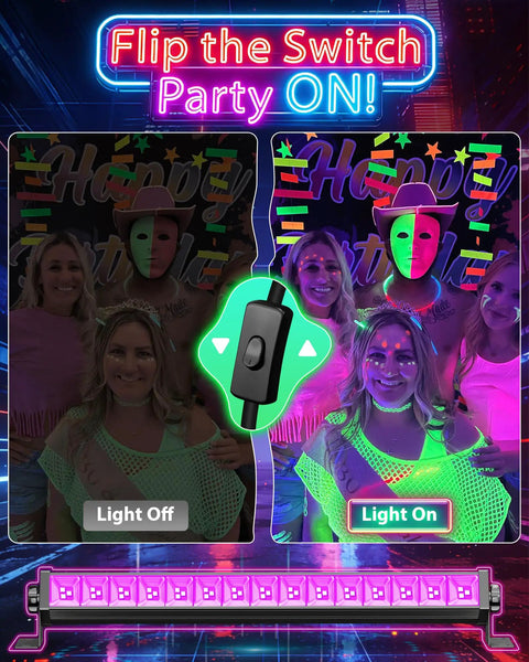 Before and after effect of Ultra Bright 42W LED Black Light Bar With Plug In Switch at a glow party, illuminating faces and masks.