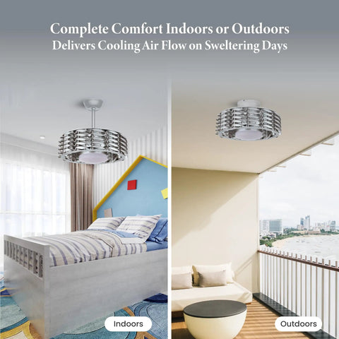 Bladeless Ceiling Fan With Lights And Remote, Oceano 23 Inch Low Profile Modern Ceiling Fan shown indoors and outdoors.