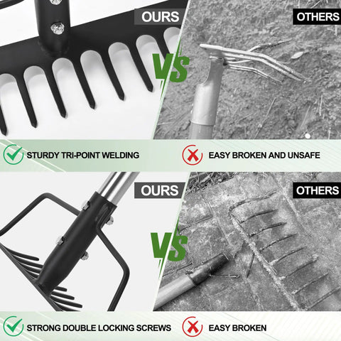 Comparison of 15 Inch Wide Bow Rake With 16 Steel Tines And Stainless Steel Handle for durability versus a broken rake