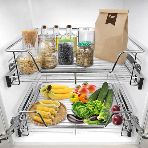 Top Shelf Heavy Duty Telescopic Drawer Slides And Smooth Operator Cabinet Pull Out Tracks For Kitchen Bedroom Storage with organized food items.