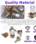 Sixteen Sets Of Eight Type B Potentiometers Featuring 1K 5K 10K 50K 100K 250K 500K And 1M Ohm Six Pin Split Shaft Rotary Linear Dual Taper Aluminum Alloy Knob Variants Plus Washers And Nuts Kit displayed
