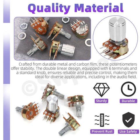 Sixteen Sets Of Eight Type B Potentiometers Featuring 1K 5K 10K 50K 100K 250K 500K And 1M Ohm Six Pin Split Shaft Rotary Linear Dual Taper Aluminum Alloy Knob Variants Plus Washers And Nuts Kit displayed