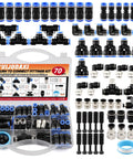 No Sweat Heavy Duty 70 Piece Quick Connect Pneumatic Fitting Assortment Kit 1/4 Inch Tube To 1/8 1/4 3/8 1/2 NPT with assorted fittings.