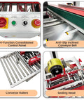 Top Shelf Automatic Carton Sealer And Tape Strapping Machine Secures Shipping Cases With Ease Hassle Free Sizing Smooth Running Industrial 110V Power Packing Workhorse control panel, conveyor rollers and sealing head details.