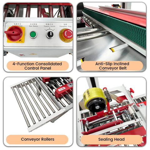 Top Shelf Automatic Carton Sealer And Tape Strapping Machine Secures Shipping Cases With Ease Hassle Free Sizing Smooth Running Industrial 110V Power Packing Workhorse control panel, conveyor rollers and sealing head details.