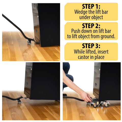 Heavy Duty Furniture Movers With Wheels Set Of 4 Easy Sliders Dollies Lifter Tool For Moving Sofa Couch Cabinet Appliances Piano Up To Two Thousand Pounds Moves Heavy Stuff Like A Pro in use showing lift bar under furniture