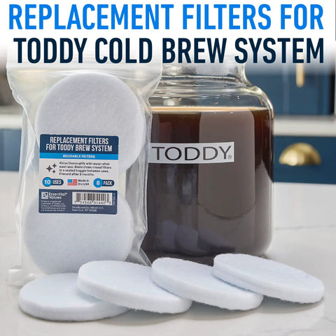 8 Pack Cold Brew Coffee Filters Replacement Bags Food Grade Polypropylene Fits Most Cold Brew Makers 2.75 Inch Diameter Ideal for Mason Jars and Carafes Home Brew, shown with a glass carafe filled with coffee, showcasing round white filters on a counter.