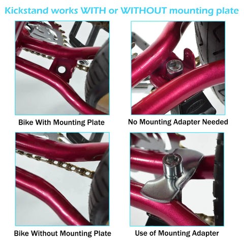 Center Mount Kid Bike Kickstand Fits 18, 20, And 22 Inch Bikes Easy To Install with or without mounting adapters shown on red frame