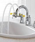 Faucet Mounted Eye Wash Kit Turns Your Sink Into A Fast, Ready Emergency Eye Wash Station With Instant Activation, Three Common Sink Adapters, Inspection Tags, And An Emergency Station Sign For Quick Safety, installed on a bathroom sink.