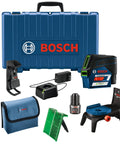 Pro Level 12V Green Beam Cross Line Laser With 100 Foot Reach And Smart Visimax Tech set with case, charger, and accessories.