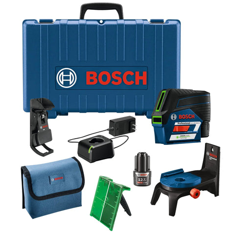 Pro Level 12V Green Beam Cross Line Laser With 100 Foot Reach And Smart Visimax Tech set with case, charger, and accessories.