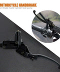 Seven Eighths Inch Left Hand Hydraulic Brake Lever Master Cylinder Fits Most 50cc To 250cc ATVs Quads Dirt Bikes Mopeds Scooters Replacement Part For Chinese Made Bikes, shown in black with close-up view on a bike handlebar.