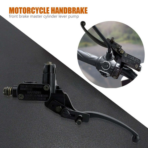 Seven Eighths Inch Left Hand Hydraulic Brake Lever Master Cylinder Fits Most 50cc To 250cc ATVs Quads Dirt Bikes Mopeds Scooters Replacement Part For Chinese Made Bikes, shown in black with close-up view on a bike handlebar.