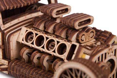 Hot Rod 3D Wooden Puzzle Car Kit for Adults No Glue Needed 280 Pieces Natural Wood Model With Illustrated Assembly Guide and Realistic Vintage Style Great Gift Idea close-up of engine detail