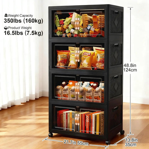 Collapsible Storage Bins With Lids And Wheels 252 Qt 63 Gal Stackable Plastic Containers With Doors Heavy Duty Foldable Organizer Bins For Home And Office Black 4 Pack showing stacked with items inside.
