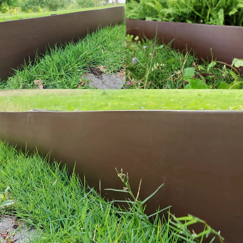 DIY Friendly 20Ft Plastic Garden Edging Kit with 25 Stakes Four Point Five Inch Tall Lawn Border, brown, in yard