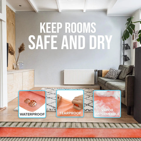 Living room with floor images showing Waterproof Shower Membrane Strip 5 Inch by 98.5 Feet, 4 Mils Thick for wet area protection.