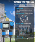Two Zone Sprinkler Timer With Brass Swivel No Fuss Dual Outlet Rain Delay Manual Mode Easy Setup Auto Watering System For Hoses Outdoor Garden Lawn And Yard showing schedule settings and water cycle modes