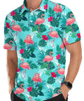 Fly Summer Golf Polo Shirt For Men Short Sleeve Quick Dry Moisture Wicking Stretch Fit Comfortable Game Day Slick Performance Lightweight Tech Tee with vibrant flamingo pattern.