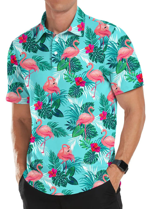 Fly Summer Golf Polo Shirt For Men Short Sleeve Quick Dry Moisture Wicking Stretch Fit Comfortable Game Day Slick Performance Lightweight Tech Tee with vibrant flamingo pattern.