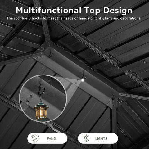Interior view of Hardtop 10x14 Gazebo With Aluminum Frame And Double Galvanized Steel Roof focusing on multifunctional top design.