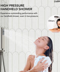 Woman enjoying a high-pressure handheld shower from the EVERSTEIN 6" Wall Mount Shower System with Handheld Spray, Brushed Nickel.