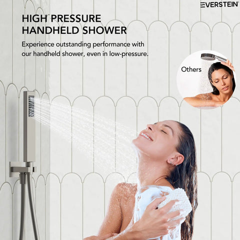 Woman enjoying a high-pressure handheld shower from the EVERSTEIN 6" Wall Mount Shower System with Handheld Spray, Brushed Nickel.