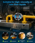 Digital Gear Flow Meter One Quarter Inch NPT For Low Flow High Viscosity Liquids With Plus Or Minus 0.5 Percent Accuracy 0.026 To 5.28 GPM Ideal For Motor Oil Lubricants Antifreeze And Hydraulic Systems In Automotive And Industrial Rigs installed on a metal platform