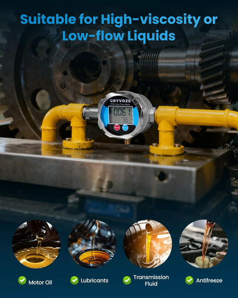 Digital Gear Flow Meter One Quarter Inch NPT For Low Flow High Viscosity Liquids With Plus Or Minus 0.5 Percent Accuracy 0.026 To 5.28 GPM Ideal For Motor Oil Lubricants Antifreeze And Hydraulic Systems In Automotive And Industrial Rigs installed on a metal platform