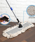 Level Up Your Janitorial Setup With These Heavy Duty Cotton Mop Pad Refills For Universal Industrial Floor Dust Mops Super Absorbent Easy Slide On Compatible With Any Standard Frame 2 Pack, showing 100% cotton mop pad on a mop handle.